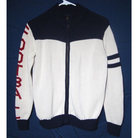 GAP KIDS Varsity Football Sweater Zip Front Cardigan Large RARE Red White Blue - Picture 2 of 4